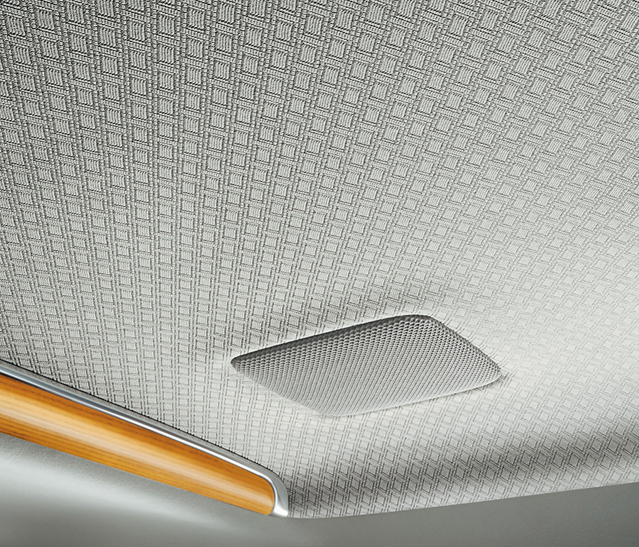 Ceiling fabric features a slanting lattice motif